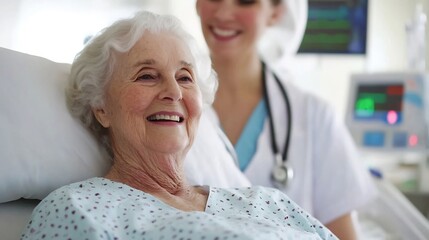 Obraz premium Friendly Nurse Providing Compassionate Care to Smiling Elderly Patient in Healthcare Center