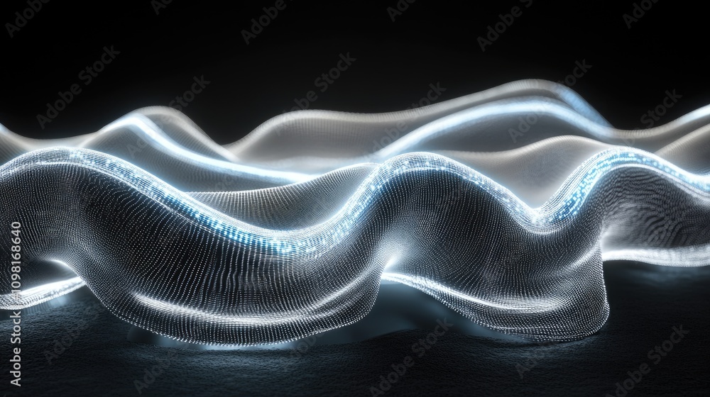Poster overlapping stock chart lines in abstract, flowing patterns over a glowing tech screen.