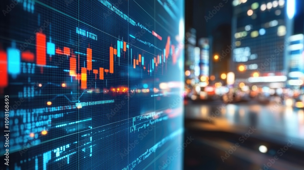 Poster overlapping stock chart lines in abstract, flowing patterns over a glowing tech screen.