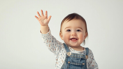 手を上げて笑顔の日本人赤ちゃん