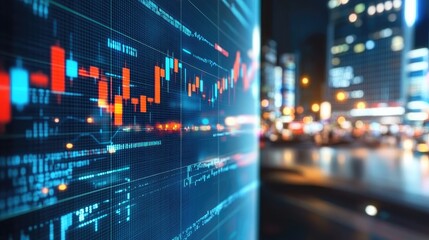 Fototapeta premium Overlapping stock chart lines in abstract, flowing patterns over a glowing tech screen.