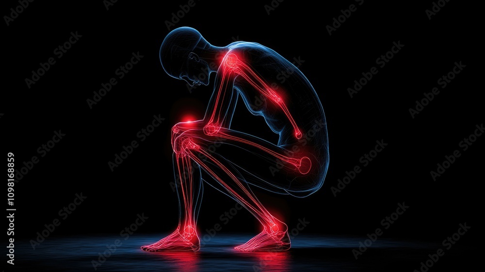 Poster a human figure with glowing red lines around the knee, symbolizing the discomfort and pain associate