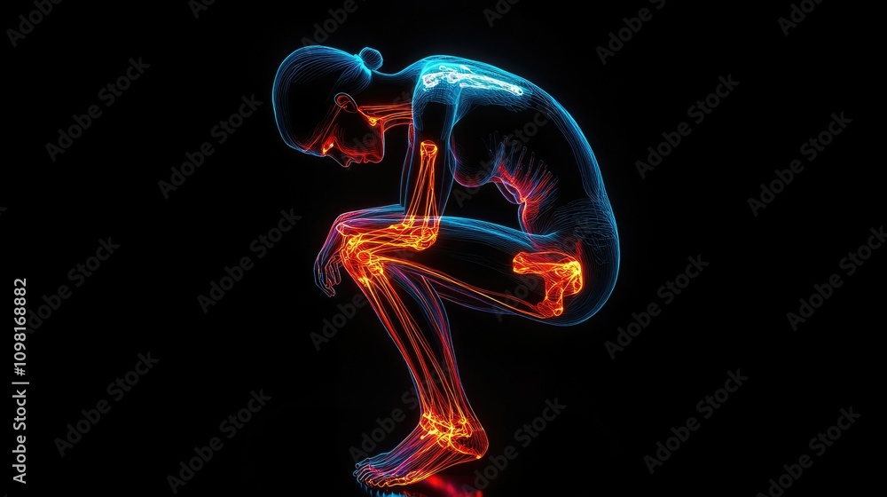 Poster a human figure with glowing red lines around the knee, symbolizing the discomfort and pain associate