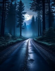 月と森と古い道路