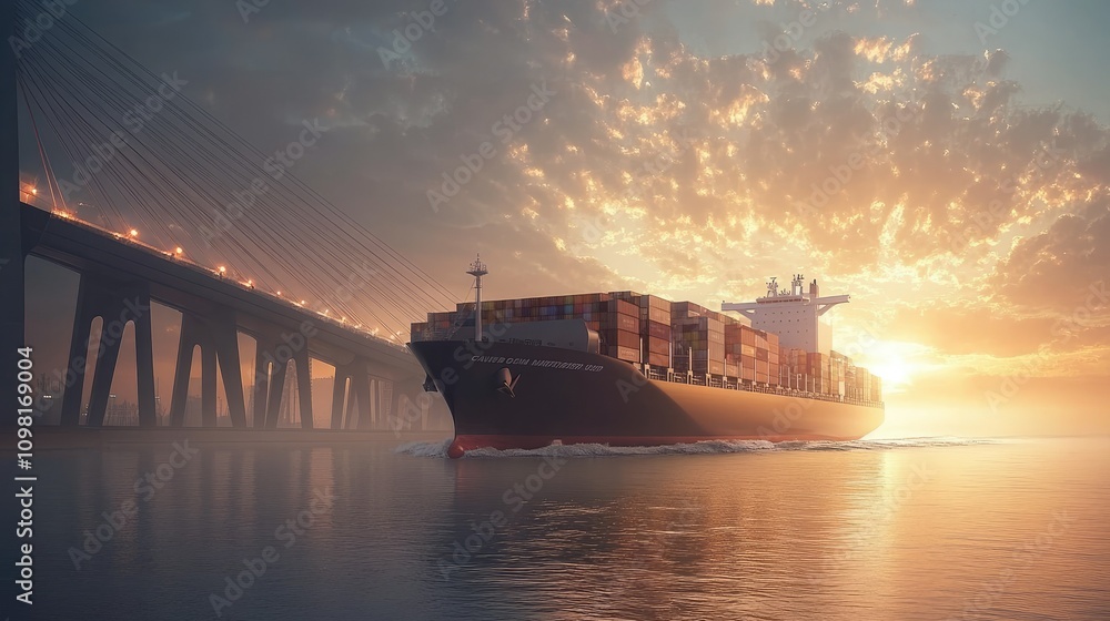 Poster A massive container ship navigating under a modern bridge, representing global supply chains and maritime transport in action.