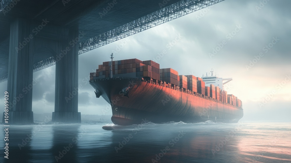 Poster a massive container ship navigating under a modern bridge, representing global supply chains and mar
