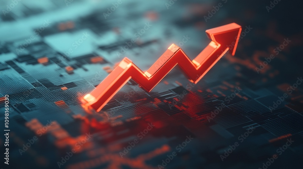 Poster a glowing red arrow in a zigzag form rises against an abstract digital background, symbolizing busin