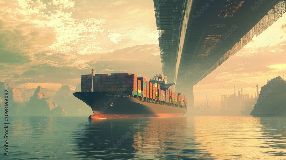Poster a massive container ship navigating under a modern bridge, representing global supply chains and mar