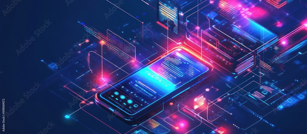 Poster a futuristic smartphone surrounded by vibrant digital elements and data streams.