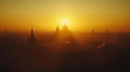 Naklejka premium Golden Hour Cityscape Silhouette Illustration