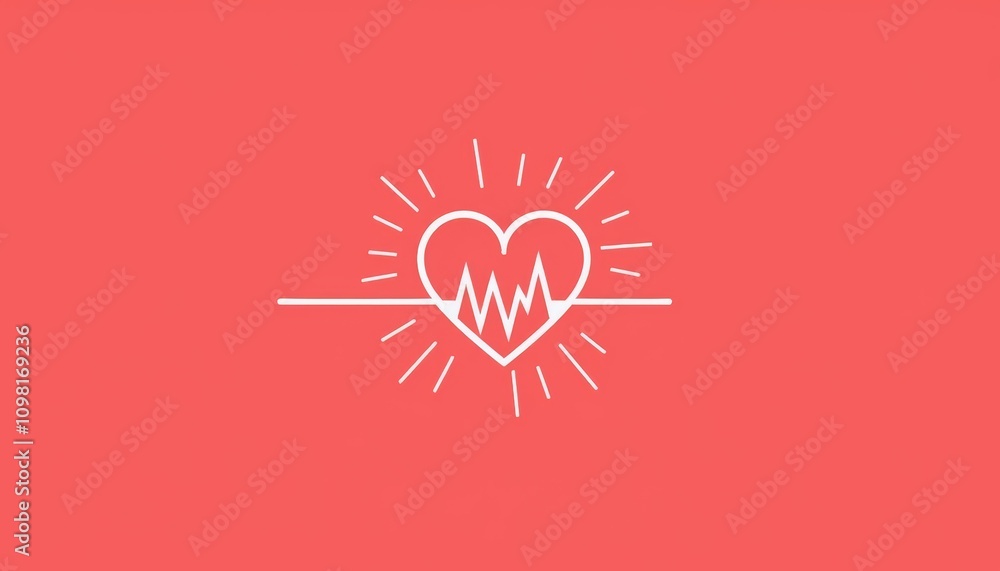 Poster heart rate monitor graphic with heart symbol and pulse line in minimalistic style on coral backgroun
