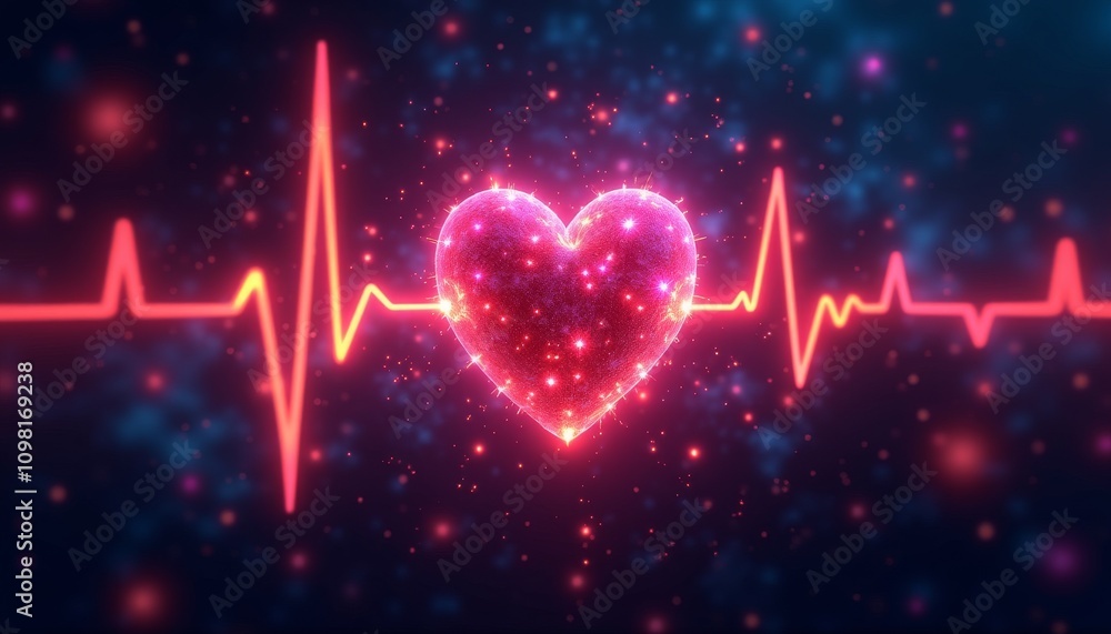 Poster heart rate monitor visualization with sparkling heart and pulse line in vibrant cosmic colors
