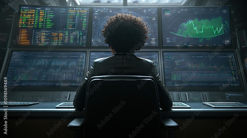 Poster rear view of a professional scrutinizing stock trends and financial data on multiple vertical displa