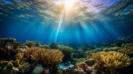 Obraz premium Sunbeams illuminate vibrant underwater coral reef scene.