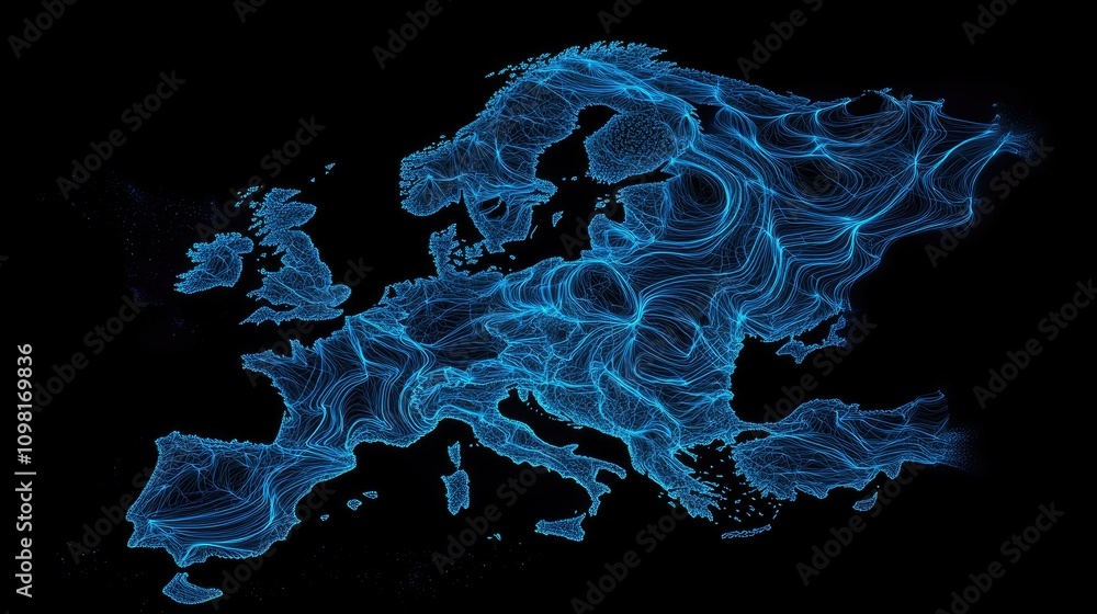 Leinwandbilder Abstract digital map of Europe illuminated with blue data patterns, symbolizing the flow of information in a connected world.