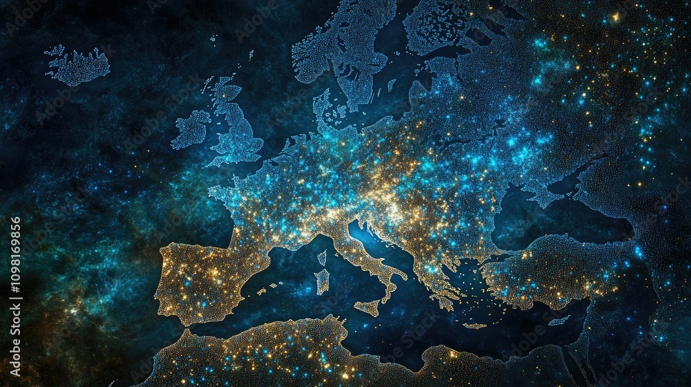 Poster Abstract digital map of Europe illuminated with blue data patterns, symbolizing the flow of information in a connected world.