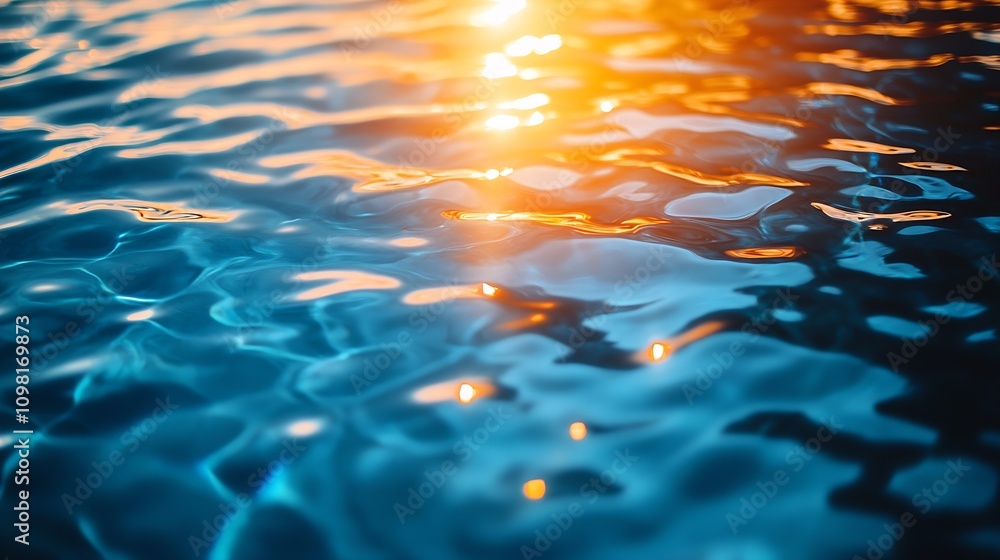 Aufkleber sunlit water surface with golden orange reflections creating a serene atmosphere : generative ai