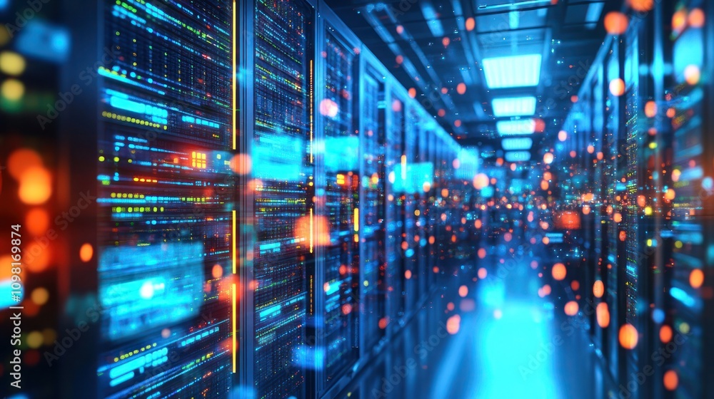 Poster a futuristic data center filled with servers and illuminated by vibrant digital lights.