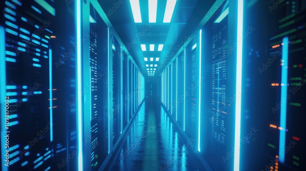 Poster a futuristic data center corridor illuminated by blue lights and lined with server racks.