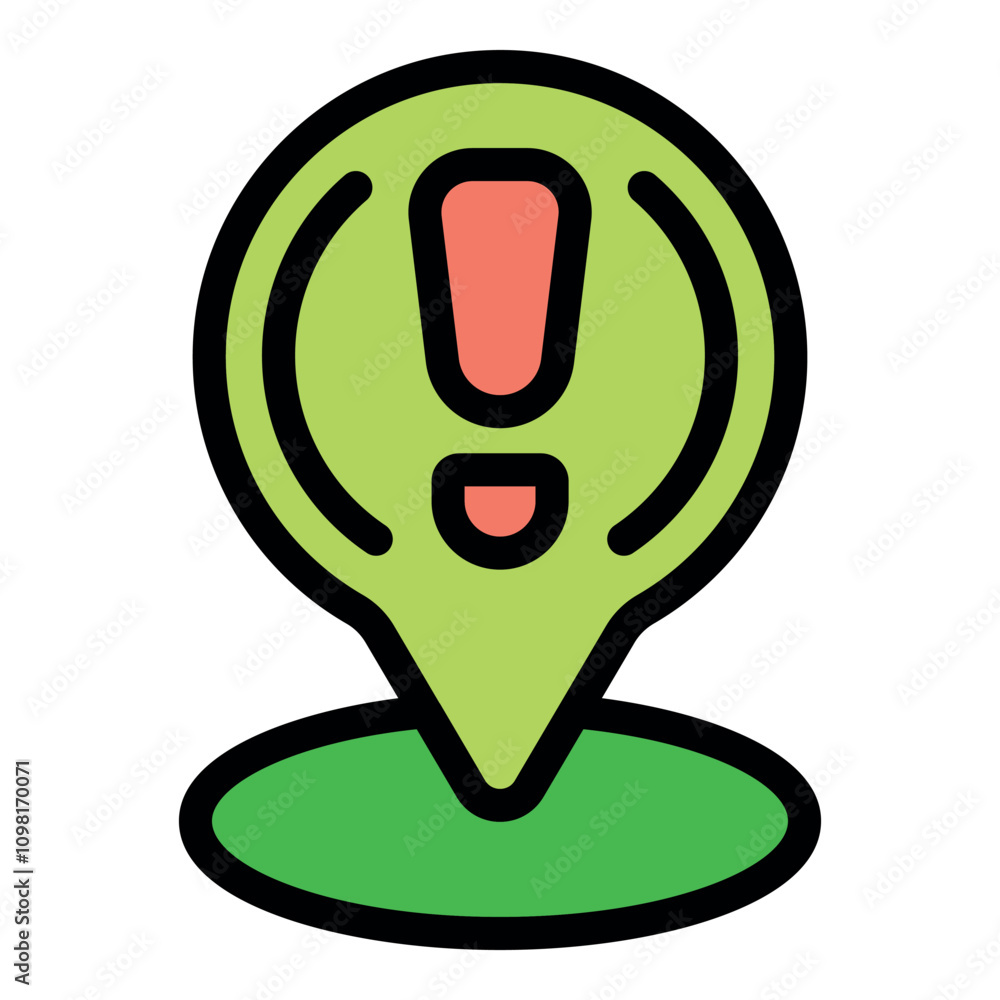 Poster map pointer with exclamation mark indicating important location or warning