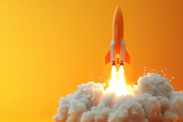Naklejka premium The rocket taking off with a powerful burst of white smoke and flames. Gradient yellow and soft orange background. Concept of innovation, progress, startups, launching new projects or ideas.