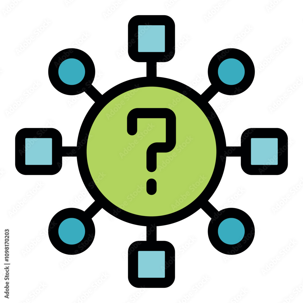 Poster central question mark connecting squares and circles, symbolizing a network of inquiries or a comple