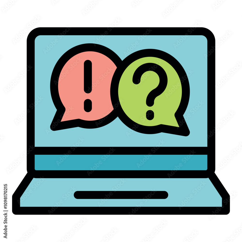 Poster online communication concept showing question and answer chat bubbles on a laptop screen, symbolizin