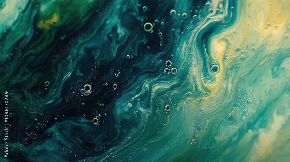 Poster Abstract macro image of oil droplets floating in water with green hues, creating a dynamic and colorful fluid pattern.