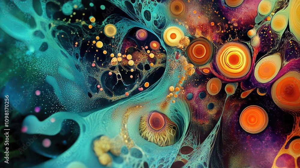 Poster abstract illustration of cells multiplying and dividing in a vibrant, scientific depiction of biolog