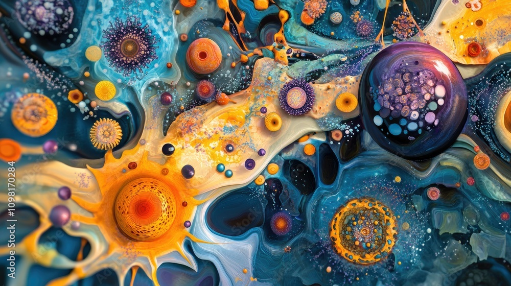 Poster abstract illustration of cells multiplying and dividing in a vibrant, scientific depiction of biolog