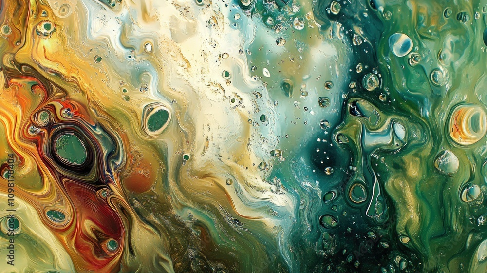 Aufkleber Abstract macro image of oil droplets floating in water with green hues, creating a dynamic and colorful fluid pattern.