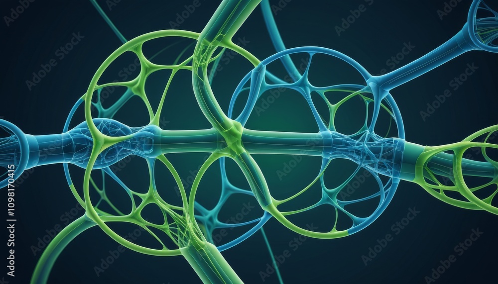 Poster intricate microtubule structure with interconnected green and blue nodes against a dark background