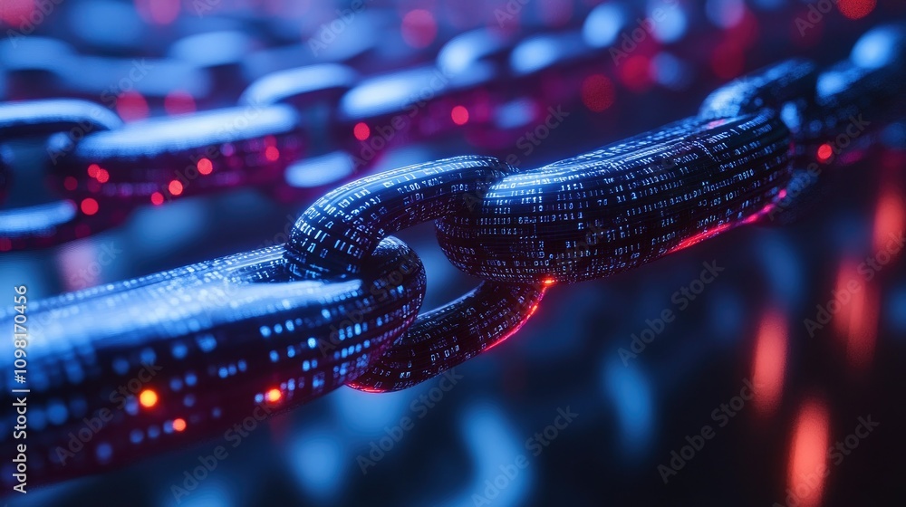 Poster abstract representation of blockchain technology with circular digital elements and connected nodes,