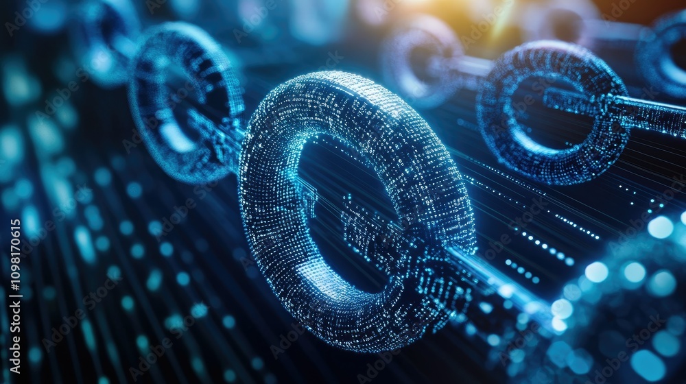 Poster abstract representation of blockchain technology with circular digital elements and connected nodes,
