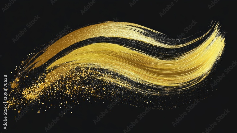 Poster abstract vector image of a golden glittering brushstroke on a smooth black background, symbolizing l