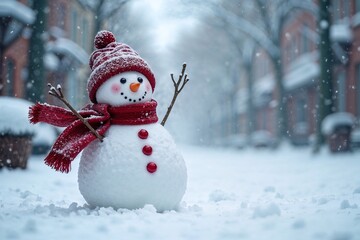 Obraz premium Playful Snowman Toy in Hat and Scarf, Standing on a Snow-Covered Street