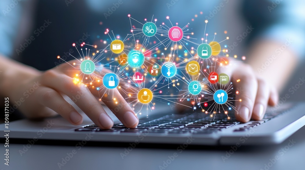 Poster screen-focused man typing queries on artificial intelligence and openai technologies