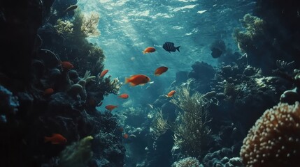 Fototapeta premium Underwater Coral Reef Scene: Vibrant Fish and Lush Marine Life