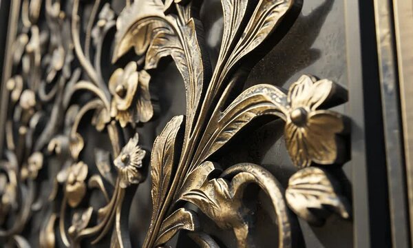 Close-up of ornate bronze metal gate with floral design.