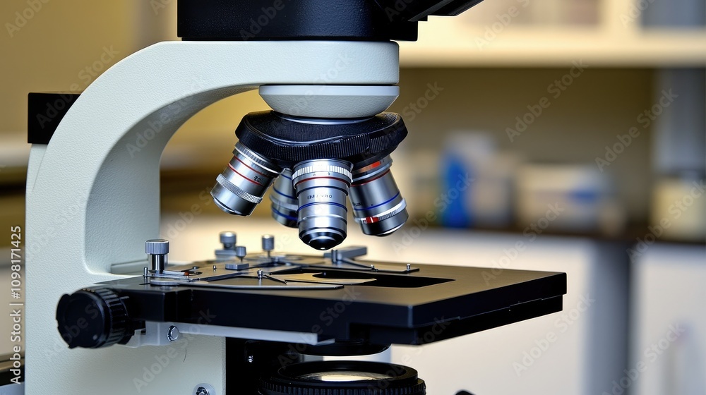 Aufkleber Close-up of a high-tech microscope in a laboratory setting, focusing on a specimen slide for detailed analysis.