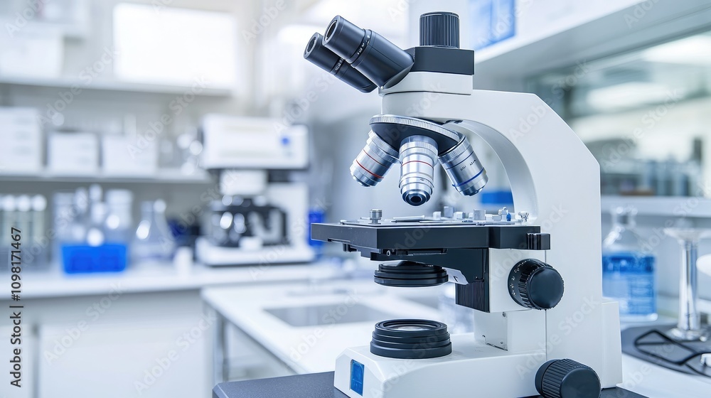 Poster Close-up of a high-tech microscope in a laboratory setting, focusing on a specimen slide for detailed analysis.