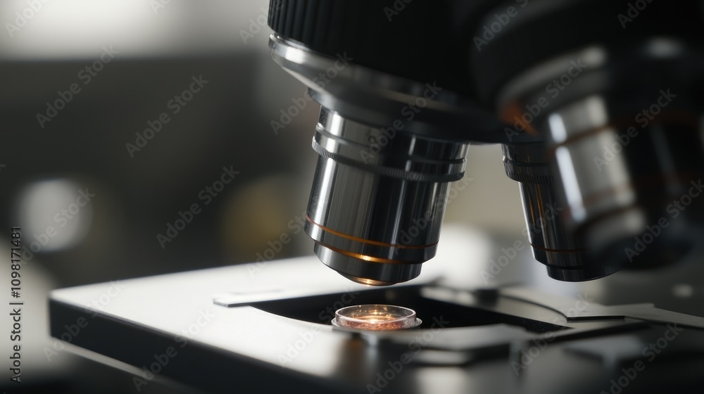Poster close-up of a lab technician examining biological or chemical samples under a microscope in a resear