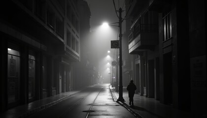 Lonely figure walking in a foggy noir street illuminated by street lamps during a monochrome night