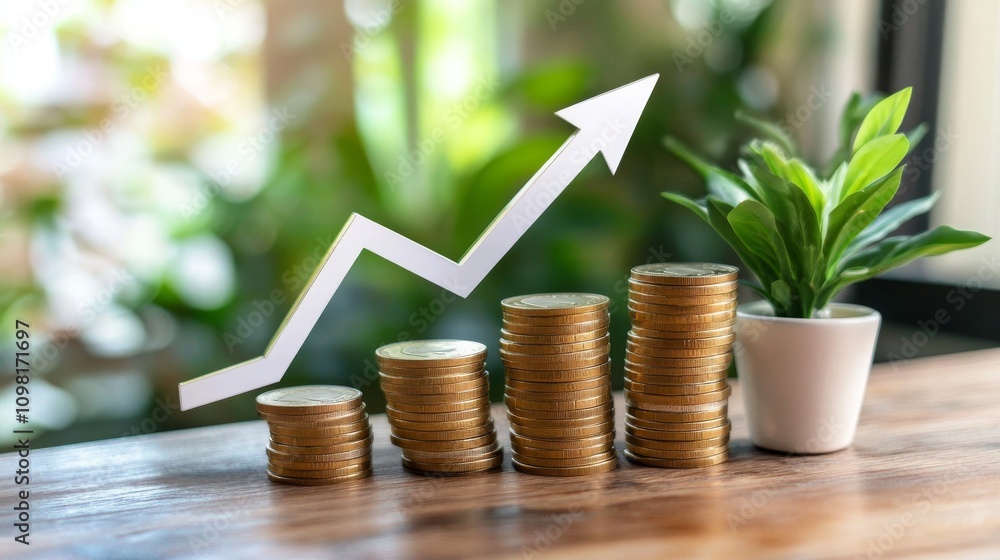 Poster a stack of golden coins increasing in height with an upward-pointing arrow, representing financial g