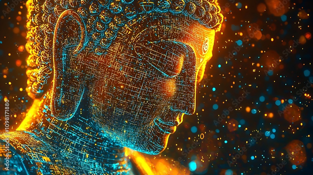 Poster abstract digital portrayal of serene buddha immersing in vibrant light frequencies : generative ai
