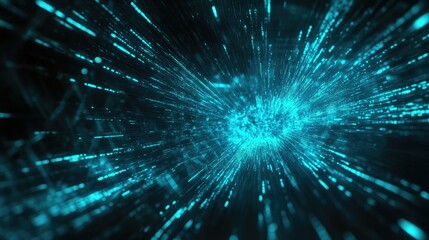 Fototapeta premium Close-up of glowing blue optical fibers with turquoise tips, creating a futuristic, digital effect in a dark space.