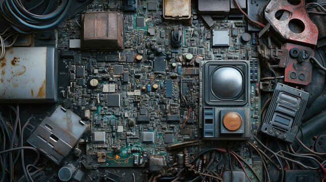 Close-up of old, outdated electronics, including circuit boards, retro gadgets, and cables, showcasing the decline of technology.