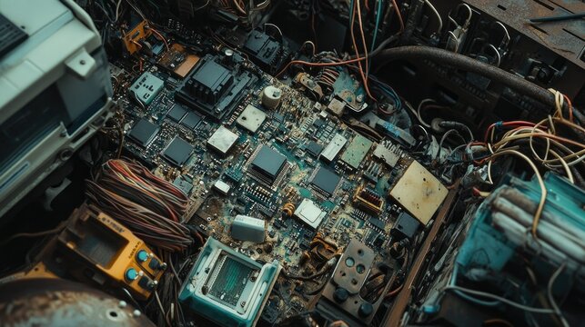 Close-up of old, outdated electronics, including circuit boards, retro gadgets, and cables, showcasing the decline of technology.