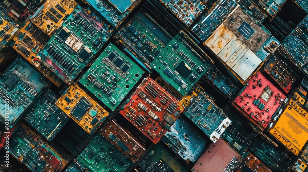 Poster close-up of stacked circuit boards from a high angle, representing the process of recycling electron