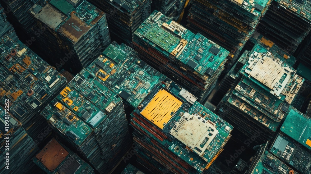 Poster close-up of stacked circuit boards from a high angle, representing the process of recycling electron